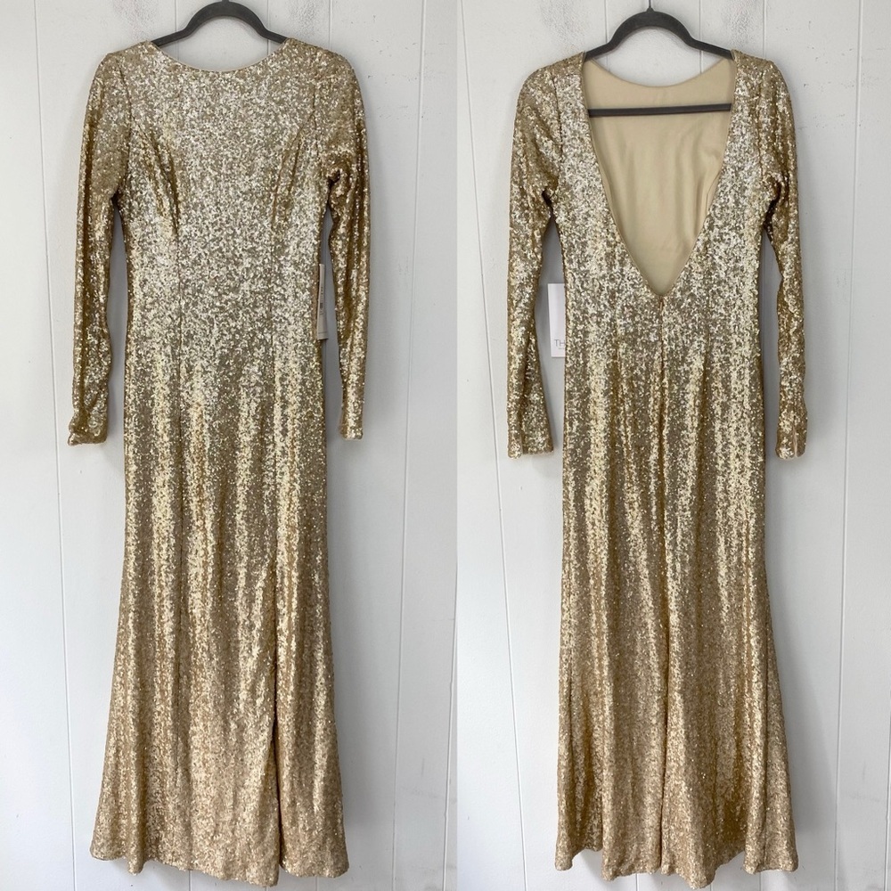 NWT Theia Women's Gold Long Sleeve Sequin Sheath Gown Dress Size‎ 8